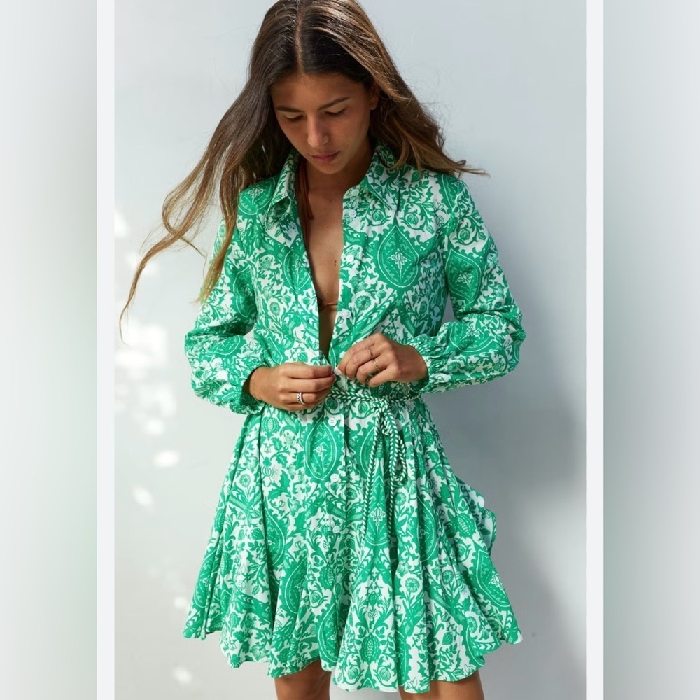 Zara Green and White Patterned Dress Size SM